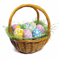 Colorful Easter eggs in wicker basket with green grass