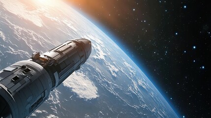 Fototapeta premium Spacecraft orbiting Earth with sunlight reflecting on its metallic surface