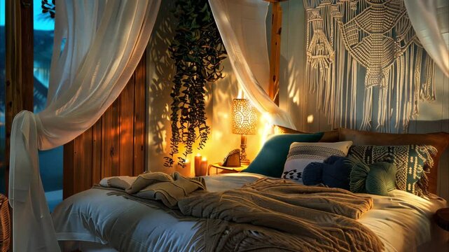 Cozy bedroom decor with warm lighting, lush textiles, decorative plants, and macrame wall art for serene atmosphere.