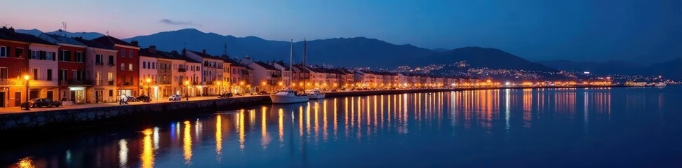 Twinkling lights on Piraeus port buildings at dusk, illuminated, twilight