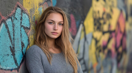 Naklejka premium Young woman poses confidently in front of vibrant graffiti wall during daylight