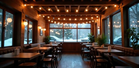 Fototapeta premium Twinkling string lights adorn the coffee shop's wooden beams, ambient, winter