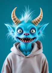 Obraz premium Cartoon Blue Monster Grinning with Horns and Hoodie on Teal Background
