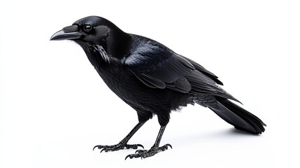 Obraz premium Black raven standing with glossy feathers and sharp beak on a white background