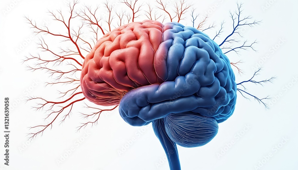 Poster AI simulates brain with diseases like Alzheimer. Red hemisphere connects with branches and blue hemisphere is connected with branches. Perfect for science or health.