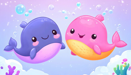 Two cute whales swim happily in the ocean surrounded by bubbles and coral