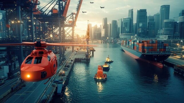 Helicopter Flying Over Container Ship in Busy Port with Modern Skyline and Tugboats in Background