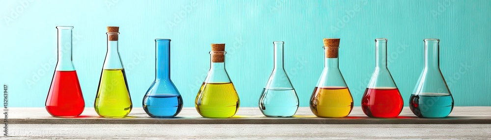 Poster colorful liquids in lab flasks on table. science experiment background
