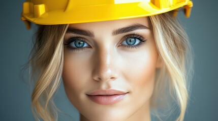 A confident woman with long blonde hair is wearing a yellow hard hat, projecting a strong presence and focus. Bright blue eyes emphasize her determination in a workplace environment