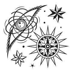 Deformed stars, y2k blings, abstract sharp lines, spikes, cybersigilism, tribal elements, various distorted stars, rave burst. Collage retrofuturistic tribal cosmos elements. Vector graphic set .