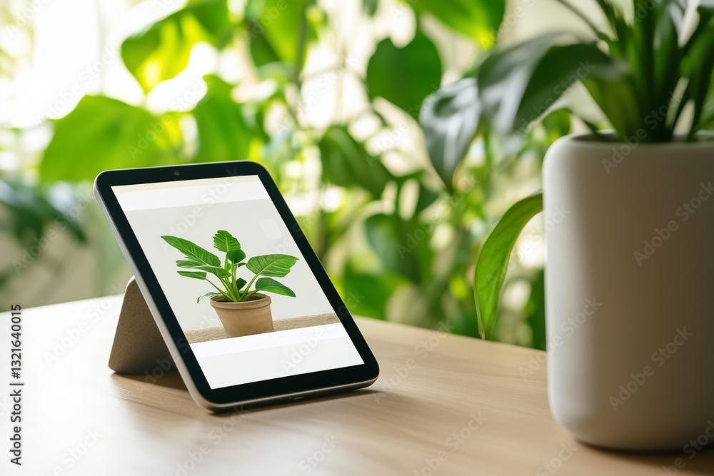 Poster a tablet displays an irrigation scheduling app that provides live updates on soil moisture and weath