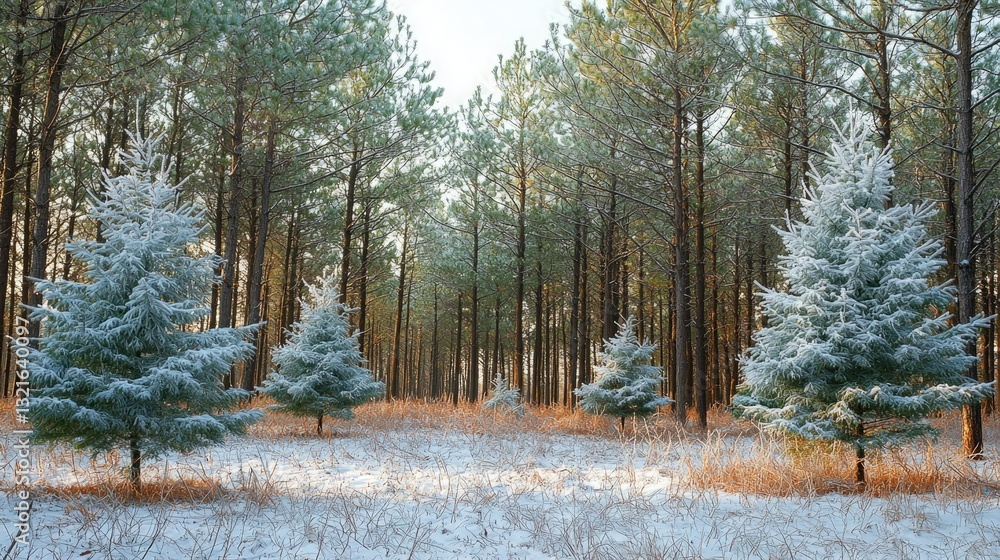 Poster a forest of tall, green pine trees covered in a light dusting of snow.