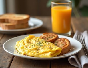 Cozy morning breakfast featuring a fluffy omelet accompanied by perfectly buttered toast and a refreshing glass of freshly squeezed orange juice in a warm, inviting setting