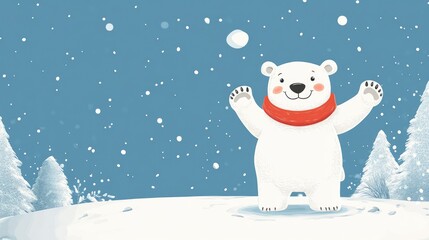 Fototapeta premium Cheerful polar bear in a snowy landscape, waving with a red scarf, surrounded by falling snowflakes and pine trees