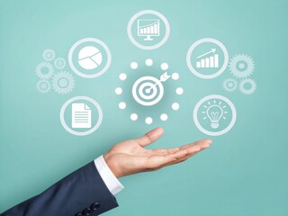 Fototapeta premium Employee engagement drives motivation and strengthens connection concept. A hand presenting various business analytics icons on a teal background.