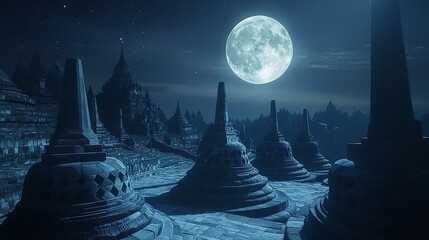Magical Borobudur Temple at Night Under a Bright Moon in Indonesia