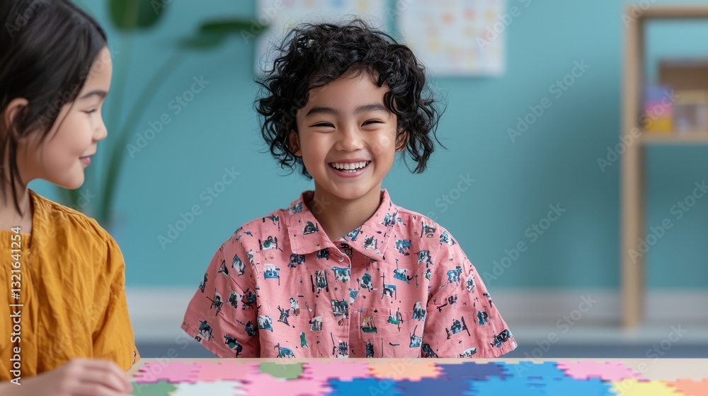 Poster inclusive classroom environment concept. two children are engaged in a playful activity, smiling and