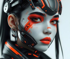 A futuristic digital portrait of a woman with cybernetic features, glowing orange accents, and a sleek high-tech suit, giving a sci-fi vibe.