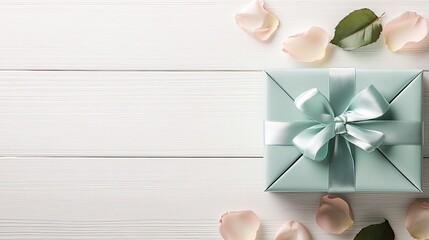 Pastel pink and mint green gift box wrapped with satin ribbon is adorned with rose petals on a rustic white wooden table