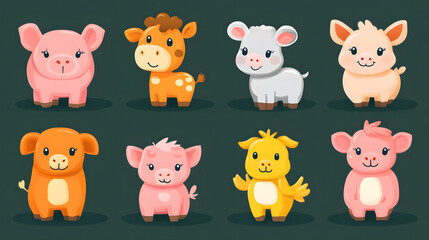 Cute Cartoon Animals Collection: An adorable collection of cartoon animals including pig, giraffe, mouse, and more with cute faces in the collection, perfect for children's design projects.