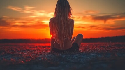 Fototapeta premium A young woman sits calmly on the grass, gazing at the vibrant sunset casting orange and pink hues across the sky. The peaceful lake reflects these colors, enhancing the serene atmosphere
