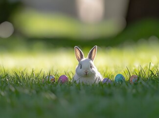 Easter Bunny Among Painted Eggs in Grassy Field on Sunny Day