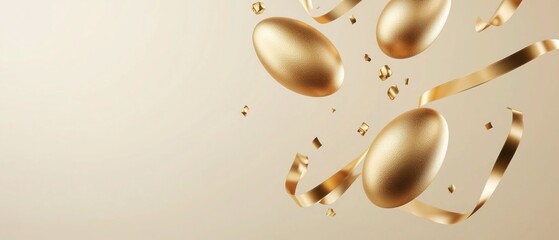 Shiny golden Easter eggs floating with golden ribbons and confetti on a light background. Luxurious and festive scene perfect for Easter holiday decorations.