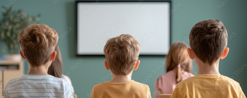 Poster inclusive classroom environment concept. a group of children sits attentively in front of a blank sc