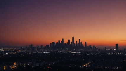 Fototapeta premium Golden hour view of Los Angeles downtown skyline, iconic cityscape panorama for travel guides, urban development and California lifestyle content