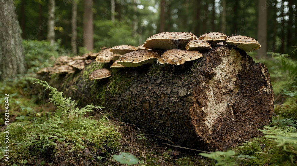 Poster A fallen tree trunk with moss and mushrooms growing on its surface. 