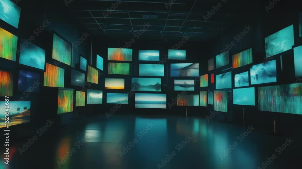Poster dark room with multiple screens displaying colorful and dynamic nature scenes, creating an immersive