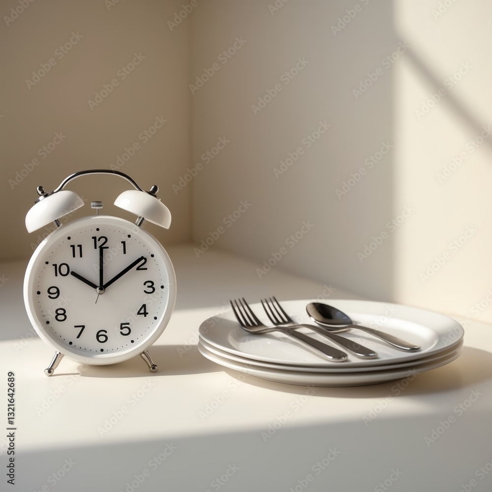 Poster clock signals breakfast time with simple table setting, featuring plates and cutlery in warm light