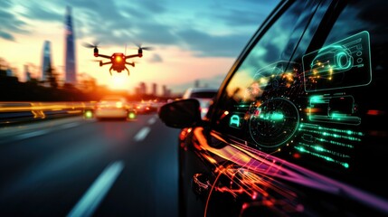 Urban Landscape with Drone Flying over Smart Car Technology at Sunset in Modern City Environment