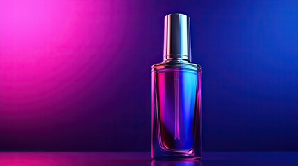 Naklejka premium Elegant perfume bottle bathed in vibrant, neon-infused chromatic radiance