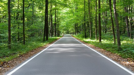 Obraz premium Serene Tree-Lined Road Through Lush Green Forest in Bright Sunlight