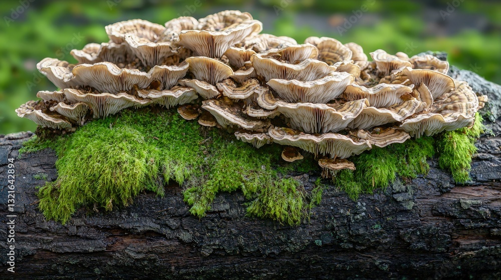 Poster a fallen tree trunk with moss and mushrooms growing on its surface.
