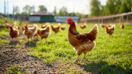 Fototapeta premium Clean and modern chicken walking through a lush green farm in bright daylight surrounded by other hens