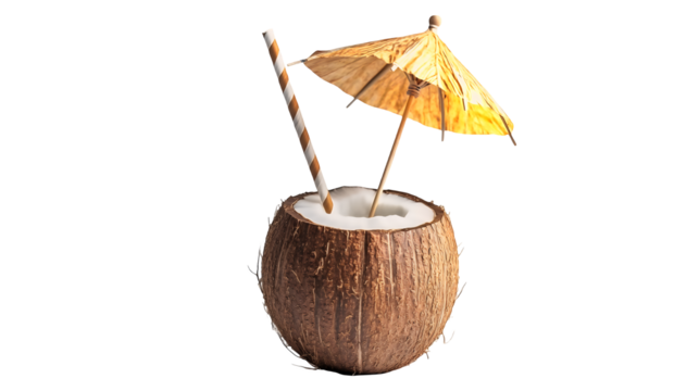 A straw placed in a coconut filled with fresh water with a tropical vibe isolated on a transparent background