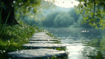 Fototapeta premium Peaceful riverbank with stepping stones leading to calm water and greenery surrounding