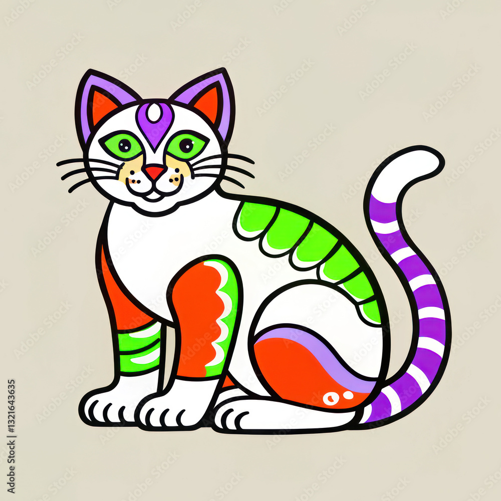 Poster a vibrant illustration of a colorful cat with intricate patterns and a friendly expression, sitting 