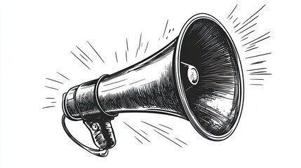 Sketch engraving of a vintage megaphone with sound lines in monochrome style