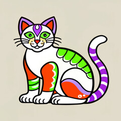a vibrant illustration of a colorful cat with intricate patterns and a friendly expression, sitting upright. The cat has a unique design, filled with bright colors and stylish details.