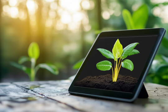 A tablet showcases a minimalist interface of an irrigation scheduling application, providing real-time updates on soil moisture and weather conditions, enhancing farming practices in a modern setting