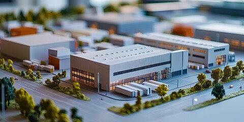 a model of an industrial complex with warehouses and loading docks.