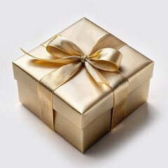 Generative AI The image shows a square gift box wrapped in gold foil paper, tied with a gold ribbon into a neat bow