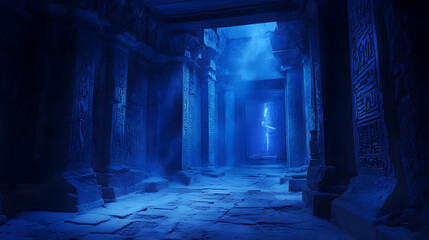 Mysterious Egyptian Tomb Interior Featuring Ancient Hieroglyphs with Intriguing Blue Light