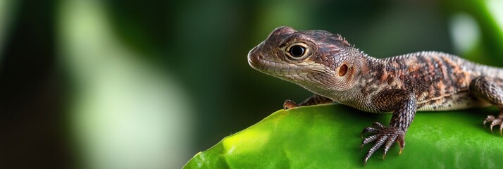 Naklejka premium A close-up of a lizard lounging on a vibrant green leaf, showcasing its intricate patterns and textures against a lush, blurred background of foliage.