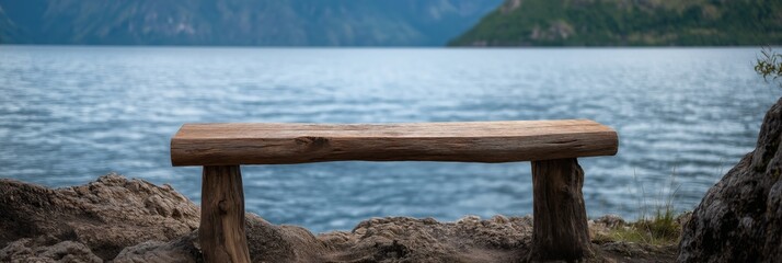 A rustic wooden bench sits peacefully by the sea, offering a serene view of calm waters and distant mountains, inviting moments of reflection and contemplation in nature.
