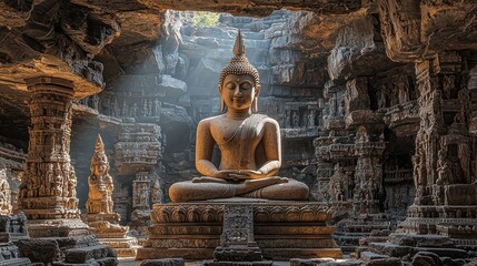 Ancient Buddha Statue Meditating in Sunlight-Drenched Cave Temple