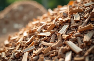 Heap of brown woodchips texture to spread as mulch or make compost. Natural pile of dry shredded wooden material for landscaping, gardening, reusing, reducing waste, alternative energy.